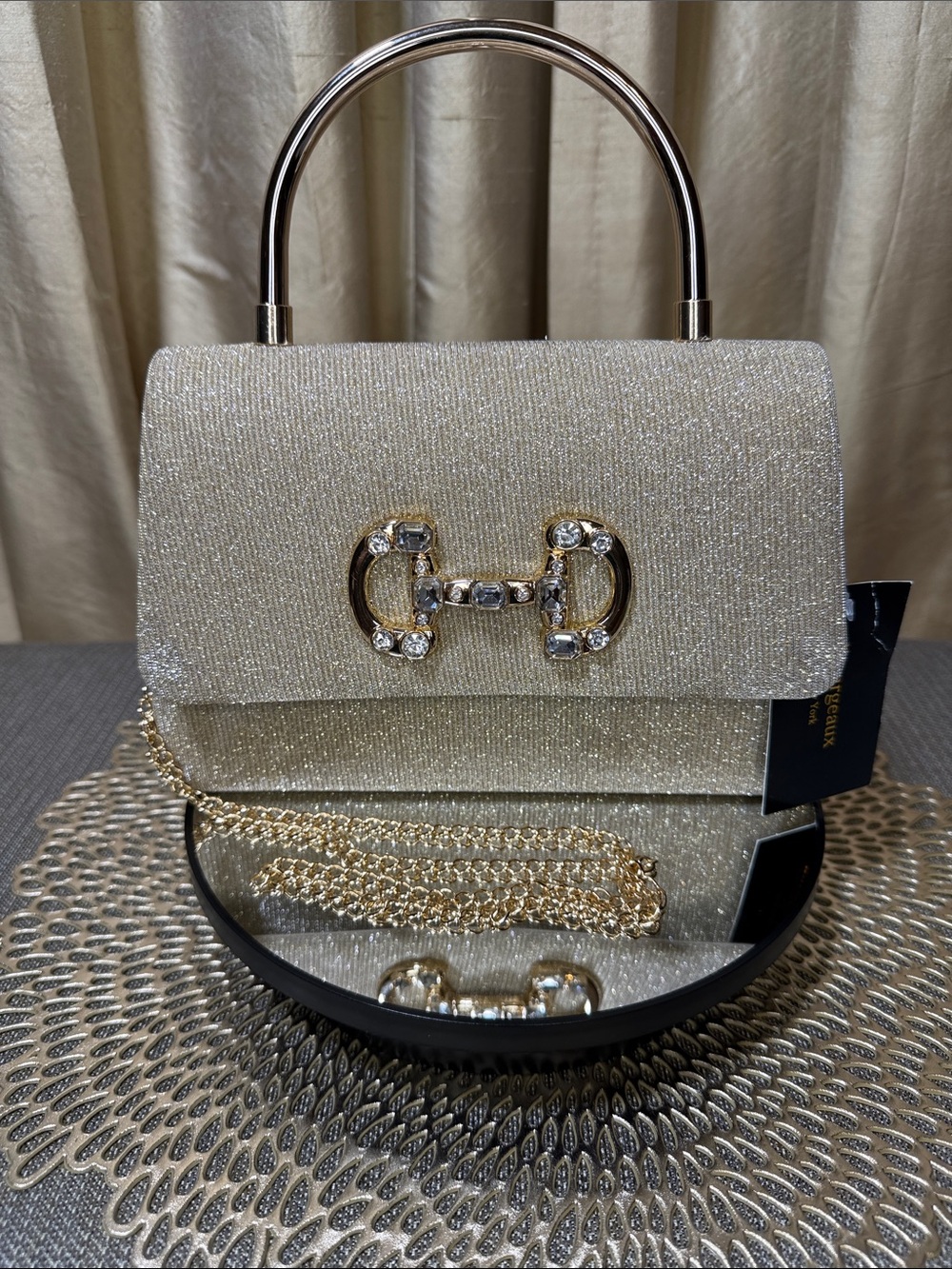 Sparkling Champagne Glitter Crossbody Bag with Gold Accents